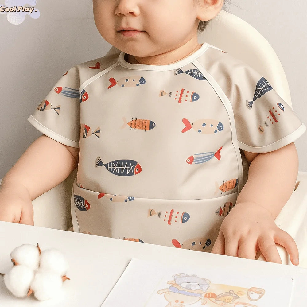 Cute Waterproof Baby Bibs Short Sleeve Soft Feeding Apron Dirt Proof Cartoon Print Bandana Bibs Kids Products