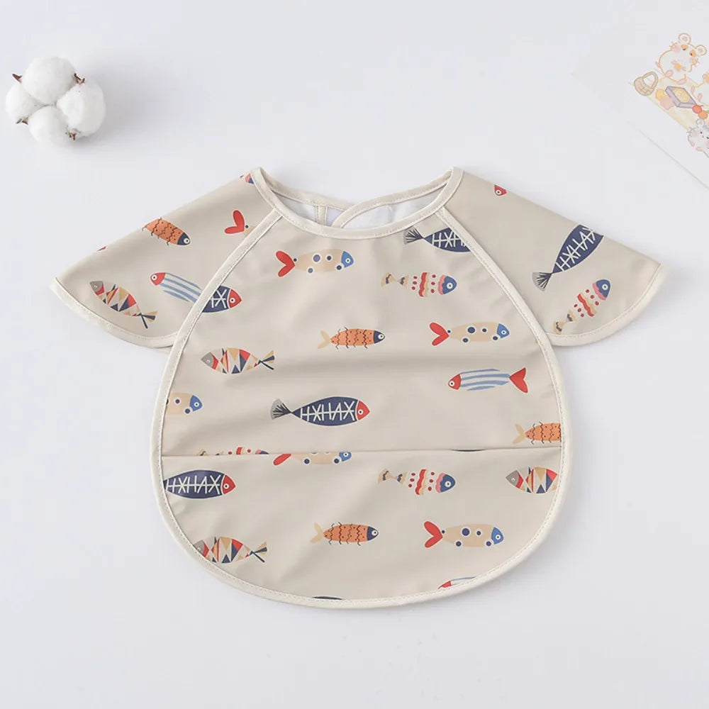 Cute Waterproof Baby Bibs Short Sleeve Soft Feeding Apron Dirt Proof Cartoon Print Bandana Bibs Kids Products
