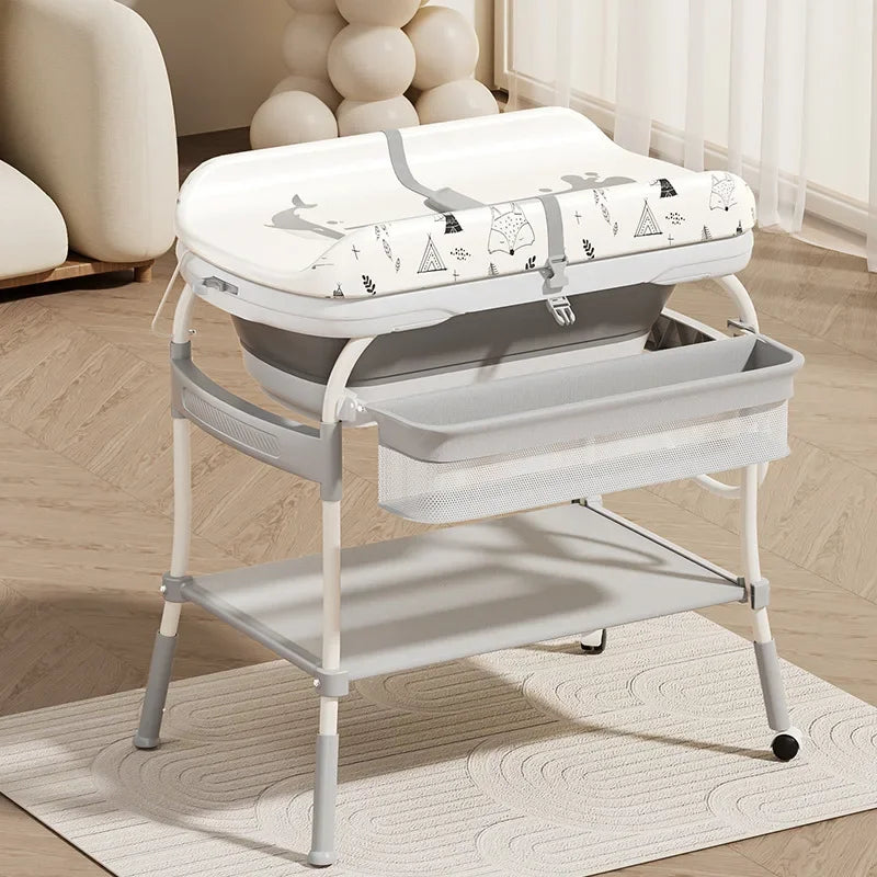2-in-1 Baby Changing Table with Bathtub Foldable Infant Diaper Station Portable with Storage Tray Anti-rollover Design