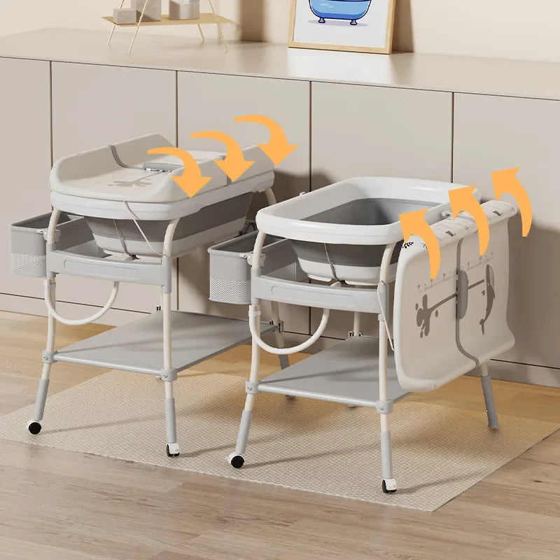2-in-1 Baby Changing Table with Bathtub Foldable Infant Diaper Station Portable with Storage Tray Anti-rollover Design
