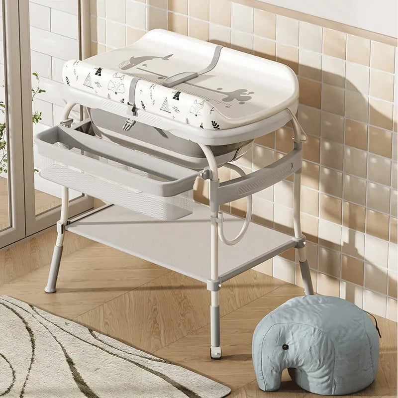 2-in-1 Baby Changing Table with Bathtub Foldable Infant Diaper Station Portable with Storage Tray Anti-rollover Design