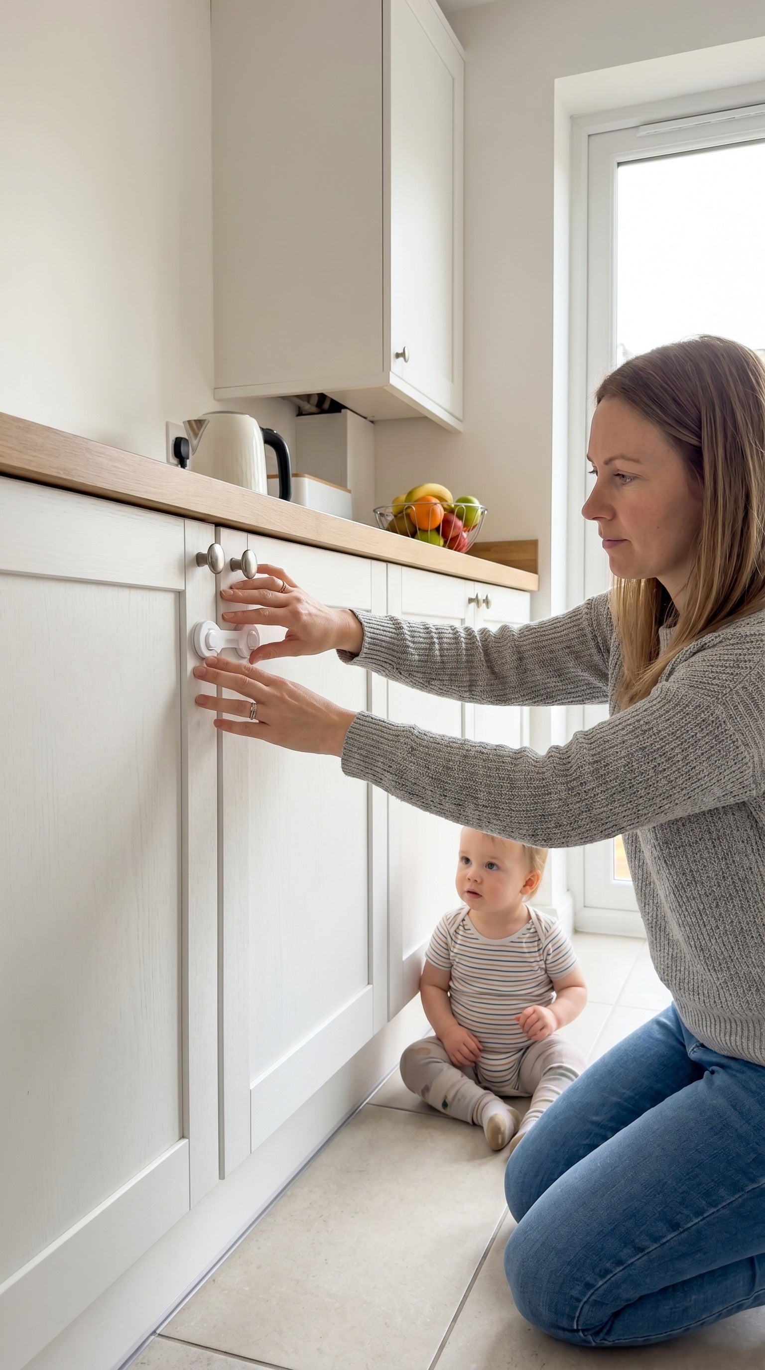 Parent fitting a cupboard lock