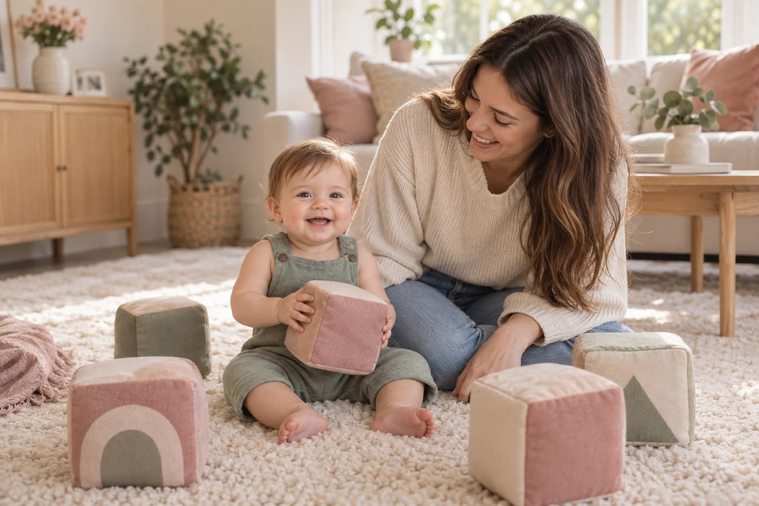 Mother and baby enjoying playtime together on a soft rug